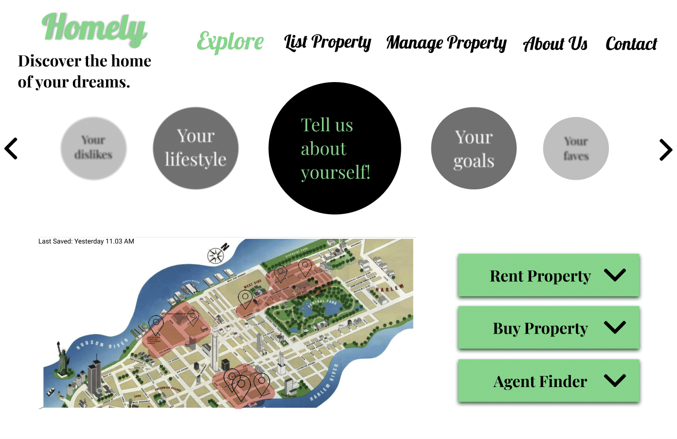 Homely team prototype showing a property exploration screen